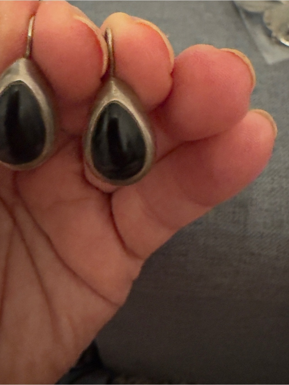 925 marked Sterling Teardrop Black Stone Dangle Earrings